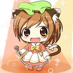  :d alternate_costume animal_ears brown_eyes brown_hair cat_ears cat_tail chen chibi fang green_hat hat kurumai long_sleeves microphone mob_cap multiple_tails nekomata open_mouth short_hair smile solo tail touhou two_tails 