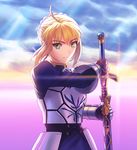  ahoge armor armored_dress artoria_pendragon_(all) blonde_hair caliburn dress fate/stay_night fate_(series) fateline_alpha gauntlets green_eyes saber sheath solo sword unsheathing weapon 