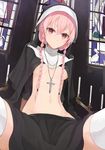  braid breasts candlestand capelet church cross hair_over_shoulder hood jewelry long_hair medium_breasts miruto_netsuki necklace nun open_clothes open_shirt original pendant pink_eyes pink_hair shirt sitting solo spread_legs stained_glass thighhighs thighs twin_braids underboob very_long_hair white_legwear zettai_ryouiki 