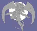  2boys beelzebumon beelzebumon_blast_mode daizu_(npl) demon digimon flying huge makoto_(digimon_tamers) monochrome moon multiple_boys night short_hair smile tail wings 