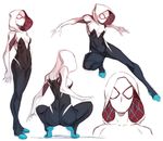  ass bodysuit breasts character_sheet commentary_request covered_navel from_behind from_side full_body gloves gwen_stacy hood jumping looking_at_viewer marvel mask multiple_views murakami_hisashi outstretched_arms shadow simple_background sketch small_breasts spider-gwen spider_web_print spread_arms spread_legs squatting standing superhero upper_body white_background 