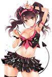  alternate_costume breasts brown_eyes brown_hair cleavage demon_tail earrings fake_horns headband hijiri_ruka jewelry kujikawa_rise medium_breasts midriff navel persona persona_4 persona_4:_dancing_all_night persona_dancing skirt strap_lift tail thighhighs thighs twintails wristband 