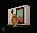  blonde_hair commentary crawling crown dress game_boy gloves hair_over_face handheld_game_console long_hair mario_(series) nacho_diaz nintendo parody pink_dress princess_peach shirt solo super_mario_bros. t-shirt the_ring through_screen watermark web_address 