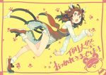  animal_ears bloomers brown_hair cat_ears cat_tail chen chestnut_mouth convention_greeting dress fang green_eyes jewelry long_sleeves looking_at_viewer morino_hon multiple_tails nekomata open_mouth paw_pose paw_print red_dress shirt single_earring solo tail touhou underwear vest 