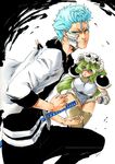  1boy 1girl arms arrancar bleach blue_eyes blue_hair espada fingernails fingers green_hair grimmjow_jaegerjaquez hands male_focus nelliel_tu_odelschwanck sword thick_thighs thighs wavy_hair weapon white_background 