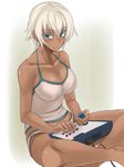 anklet arcade_stick barefoot blue_eyes blush breasts camisole cleavage collarbone controller covered_nipples dark_skin game_controller indian_style jewelry joystick large_breasts looking_at_viewer original panties playing_games sengoku_aky short_hair silver_hair sitting solo underwear underwear_only 
