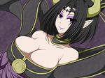  1girl artist_request bandai bare_shoulders bat bat_(symbol) black_hair breasts choker cleavage corset demon demon_girl digimon eyeshadow female hair_bun hair_ornament horn large_breasts lilithmon lipstick makeup pointy_ears purple_eyes seven_great_demon_lords shawl smile succubus zefyu 