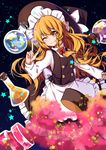  apron blonde_hair bow braid hair_bow hair_ornament hat hat_ribbon kirisame_marisa long_hair long_sleeves one_eye_closed pointing ribbon shirt side_braid single_braid skirt skirt_set smile solo star touhou transistor turtleneck vest waist_apron witch_hat yellow_eyes 