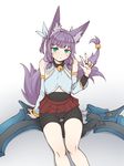  animal_ears aqua_eyes bare_shoulders bell bell_collar bike_shorts bridal_gauntlets cloud_kingdom collar cowboy_shot detached_sleeves flat_chest fox_ears fox_tail highres huge_weapon looking_at_viewer miniskirt original pas_(paxiti) purple_hair sanka_(pas) short_hair shorts shorts_under_skirt sitting skirt solo tail tail_ornament two_side_up v weapon 