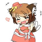  1girl :d ^_^ alternate_costume animal_ears brown_hair cat_ears cat_tail chen chibi closed_eyes dress facing_viewer hat heart kurumai multiple_tails nekomata open_mouth short_hair simple_background smile solo tail touhou two_tails white_background 