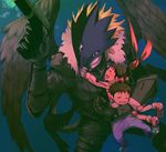  1boy 1girl ai_(digimon_tamers) beelzebumon beelzebumon_blast_mode black_wings blonde_hair demon digimon digimon_tamers gauntlets gun hair helmet makoto_(digimon_tamers) monochrome ribbon short_hair smile third_eye weapon wings 