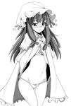  blush bra crescent greyscale hat heart ippongui long_hair looking_at_viewer monochrome navel panties patchouli_knowledge simple_background solo touhou underwear white_background 