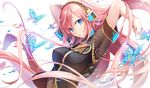  armpits arms_behind_head arms_up blue_eyes breasts bug butterfly cuff_links headphones insect large_breasts long_hair looking_at_viewer maro_(nikeneko523) megurine_luka pink_hair shirt solo very_long_hair vocaloid 