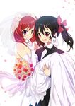  \m/ black_hair bouquet bridal_veil bride caibao carrying double_\m/ dress elbow_gloves flower gloves groom hair_flower hair_ornament hair_ribbon highres looking_at_viewer love_live! love_live!_school_idol_project multiple_girls nico_nico_nii nishikino_maki open_mouth petals princess_carry purple_eyes red_eyes red_hair ribbon rose strapless strapless_dress tuxedo twintails veil wedding wedding_dress wife_and_wife yazawa_nico yuri 