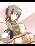  bird brown_hair failure_penguin fubuki_(kantai_collection) green_eyes kantai_collection long_hair penguin pia_(botamochinjufu) sitting sweater 