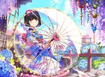  black_hair bob_cut bow fence flower hair_bow highres hydrangea japanese_clothes kimono looking_at_viewer mansu obi origami original paper_crane rainbow red_eyes sash short_hair sitting smile solo transparent transparent_umbrella umbrella wind_chime wisteria 