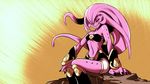  1girl bare_shoulders black_nails black_sclera cowboy_shot dragon_ball dragon_ball_z dragonball_z fang genderswap hair_over_one_eye leg_warmers long_hair majin_(race) majin_buu nail_polish parted_lips pink_hair pink_skin plague_of_gripes red_eyes shorts sitting small_breasts solo strapless tentacle_hair tubetop vambraces very_long_hair 