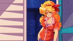  big_hair blonde_hair bra breasts cleavage curly_hair derivative_work doorway dragon_ball dragon_ball_(classic) green_eyes hairband highres large_breasts long_hair looking_at_viewer lunch_(dragon_ball) plague_of_gripes purple_bra screencap_redraw smile solo underwear 