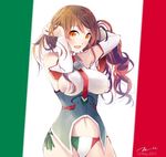  breasts brown_hair corset flag_background italian_flag italy kantai_collection large_breasts littorio_(kantai_collection) lowres orange_eyes panties print_panties solo tebi_(tbd11) underwear 