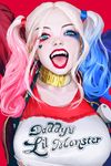  absurdres bad_id bad_pixiv_id batman_(series) blonde_hair blue_eyes blue_hair breasts choker clothes_writing dc_comics harley_quinn heart highres jester large_breasts lipstick long_hair looking_at_viewer makeup margot_robbie open_mouth pink_hair rukiana smile solo suicide_squad tongue tongue_out twintails 