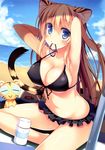  absurdres adjusting_hair animal_ears armpits arms_behind_head arms_up beach bikini black_bikini blonde_hair blue_eyes blush breasts cleavage covered_nipples day frilled_bikini frills front-tie_bikini front-tie_top highres kotora_(toranoana) large_breasts long_hair looking_at_viewer mouth_hold navel nozomi_tsubame ocean outdoors sand sitting smile solo swimsuit tail tiger_ears tiger_tail toranoana water 