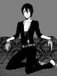  gloves grey_background greyscale high_heels looking_at_viewer male_focus mikazuki_munechika monochrome parted_lips solo touken_ranbu zuwai_kani 