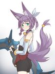  animal_ears aqua_eyes ass bare_shoulders bell bell_collar bike_shorts blush bridal_gauntlets cloud_kingdom collar detached_sleeves flat_chest fox_ears fox_tail highres huge_weapon looking_at_viewer miniskirt original pas_(paxiti) purple_hair sanka_(pas) short_hair shorts shorts_under_skirt skirt solo tail tail_ornament two_side_up weapon 