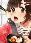  1girl 2019 bangs black_eyes blush bowl brown_hair chopsticks commentary eating eyebrows_visible_through_hair flower food hair_between_eyes hair_flower hair_ornament hairclip holding holding_bowl looking_at_viewer new_year open_mouth original solo tongue tongue_out tsukana_(saba_mizore) zouni_soup 