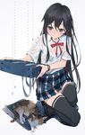  bad_anatomy bad_proportions bag bangs black_hair black_legwear blue_eyes blush bow bracelet cat collared_shirt dress_shirt hair_between_eyes hair_ribbon hayashi_kewi holding holding_bag jewelry kneeling loafers long_hair looking_down neck_ribbon pleated_skirt rain red_ribbon ribbon school_bag school_uniform see-through shirt shoes short_sleeves sidelocks simple_background skirt smile solo thighhighs tress_ribbon water_drop wet wet_clothes white_shirt wristband yahari_ore_no_seishun_lovecome_wa_machigatteiru. yukinoshita_yukino zettai_ryouiki 