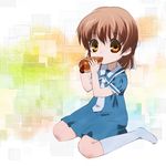  bad_id bad_pixiv_id brown_eyes brown_hair child chocolate_cornet clannad dress food kneeling okayu_(crosspoint) okazaki_ushio sailor_dress school_uniform socks solo 