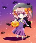  :d bad_id bad_pixiv_id bat brown_eyes fukuzawa_yumi gradient gradient_background halloween hat jack-o'-lantern light_particles maria-sama_ga_miteru masuyama_kei no_nose open_mouth pink_background pink_hair pumpkin purple_background school_uniform serafuku short_hair short_twintails smile solo twintails witch_hat 