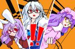  all-out_attack animal_ears bad_id bad_pixiv_id bespectacled blazer bunny_ears glasses hat jacket kamishirasawa_keine long_hair multiple_girls necktie parody patchouli_knowledge persona persona_4 purple_eyes purple_hair red_eyes reisen_udongein_inaba silver_hair touhou you_g 