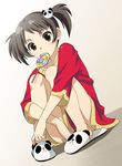  black_hair brown_eyes candy dutch_angle fang food leg_hug lollipop mattaku_mousuke mouth_hold original shirt sitting slippers solo swirl_lollipop t-shirt twintails 