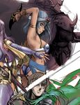  2girls armpits bad_id bad_pixiv_id blue_hair brown_hair character_request dark_skin final_fantasy final_fantasy_ii long_hair maria_(ff2) multiple_boys multiple_girls purple_hair sketch sword tabigarasu weapon 