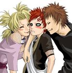  2boys artist_request blonde_hair blue_eyes blush brown_hair embarrassed fishnets forehead_protector gaara kankurou_(naruto) lowres multiple_boys naruto naruto_(series) ninja red_hair siblings simple_background smile sunagakure_symbol temari white_background 