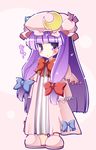  :&lt; bow crescent hair_bow hat iganseijin jitome long_hair mukyuu no_nose patchouli_knowledge purple_eyes purple_hair robe slippers solo standing touhou 