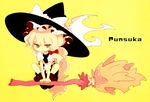  :t blonde_hair broom broom_riding chibi hat kirisame_marisa pout rawan solo touhou witch_hat yellow_background 