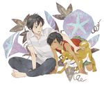  all_fours bad_id bad_pixiv_id dog flower hair_over_one_eye hayate_(summer_wars) ikezawa_kazuma indian_style koiso_kenji male_focus morning_glory multiple_boys nobingo shiba_inu sitting summer_wars 