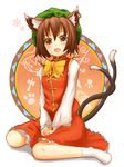  animal_ears bad_id bad_pixiv_id brown_eyes brown_hair cat_ears cat_tail chen earrings hat jewelry kokotetsu multiple_tails short_hair solo tail touhou 