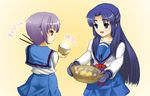  :d asakura_ryouko blue_eyes blue_hair bowl chopsticks food half_updo hotpot kita_high_school_uniform long_hair multiple_girls nagato_yuki noukatu oden open_mouth oven_mitts rice rice_bowl school_uniform serafuku short_hair silver_hair smile sparkle suzumiya_haruhi_no_yuuutsu 