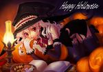  candy checkerboard_cookie cookie elbow_gloves food gloves h_kamome halloween happy_halloween hat jack-o'-lantern original pumpkin solo thighhighs typo witch_hat 