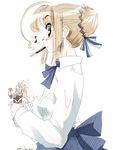  ahoge artoria_pendragon_(all) blonde_hair blue_eyes eating fate/stay_night fate_(series) food huge_ahoge mike156 musical_note pocky saber simple_background solo 