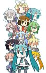  6+girls :&lt; :3 :d akita_neru animal animal_on_head camera chibi_miku crossover dog dog_on_head doll drill_hair dual_wielding everyone fl-chan fl_studio hamo_(dog) handheld_game_console hatsune_miku heterochromia holding kagamine_len kagamine_rin kaito kasane_teto kiyone_suzu long_hair megurine_luka meiko minami_(colorful_palette) multiple_boys multiple_girls on_head open_mouth playstation_portable smile spring_onion twin_drills twintails utau vocaloid voyakiloid yokune_ruko yowane_haku |_| 