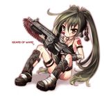  bandages blood blood_on_face boots brown_eyes chainsaw crimson_omen fingerless_gloves gears gears_of_war gloves green_hair gun jewelry lancer_(weapon) long_hair looking_at_viewer mizunomoto necklace shadow simple_background sitting skull solo tattoo twintails weapon white_background 
