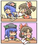  bad_id bad_pixiv_id bow chibi comic eating food fruit hair_bow hakurei_reimu hat hinanawi_tenshi hounori multiple_girls peach pointing ponytail silent_comic sweat touhou 