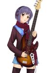  bass_guitar brown_eyes cardigan charimei checkered headphones highres instrument kita_high_school_uniform lips nagato_yuki purple_hair scarf school_uniform serafuku short_hair solo suzumiya_haruhi_no_yuuutsu thighhighs tissue_princess 