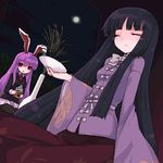  animal_ears bad_id bad_pixiv_id black_hair blazer bowl bunny_ears closed_eyes dango food full_moon holding holding_bowl houraisan_kaguya jacket kt2 light_smile long_hair lowres moon multiple_girls necktie oekaki purple_hair red_eyes reisen_udongein_inaba sitting touhou very_long_hair wagashi wide_sleeves 