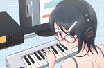  bare_shoulders blue_eyes blue_hair computer face glasses hair_ornament hairclip headphones idolmaster idolmaster_dearly_stars instrument keyboard_(instrument) looking_back mizutani_eri puton short_hair smile solo 