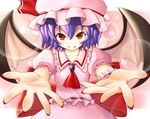 bad_id bad_pixiv_id bat_wings fang foreshortening hands hat lens_flare looking_at_viewer nail_polish outstretched_arms outstretched_hand purple_hair red_eyes red_nails remilia_scarlet short_hair slit_pupils smile solo touhou wings yunomi_chawan 