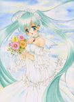  ahoge aqua_eyes aqua_hair bad_id bad_pixiv_id bouquet bride chinako choker detached_sleeves dress flower hairband hatsune_miku long_hair nib_pen_(medium) solo traditional_media twintails very_long_hair vocaloid watercolor_(medium) watercolor_pencil_(medium) wedding_dress 